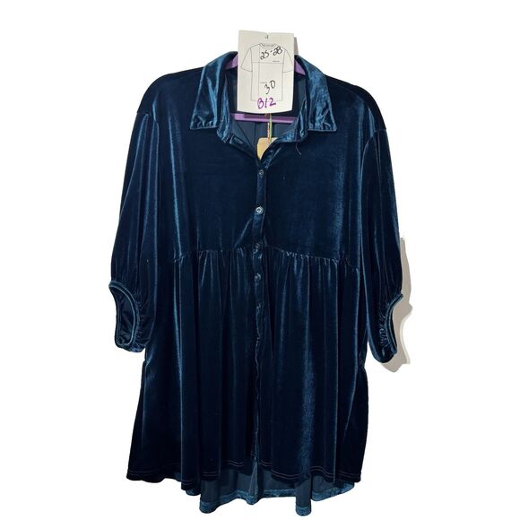 Umgee Velvet Tiered Swing Dress Blue Oversized/Button Front/Collared  Small NWT - Picture 3 of 7